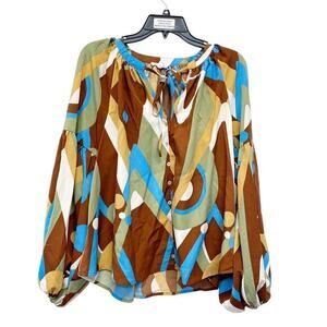 August Sky for Anthropologie Womens Abstract Print Long Sleeve Blouse Top Size M